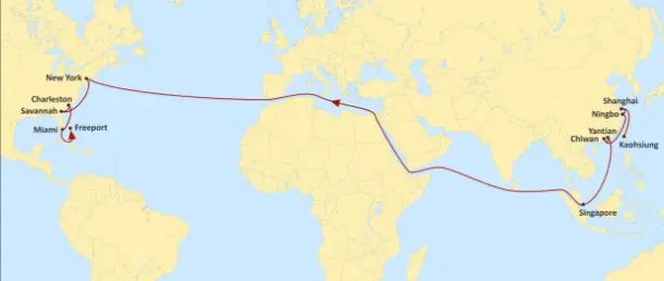 What route do ships by sea take from China to USA